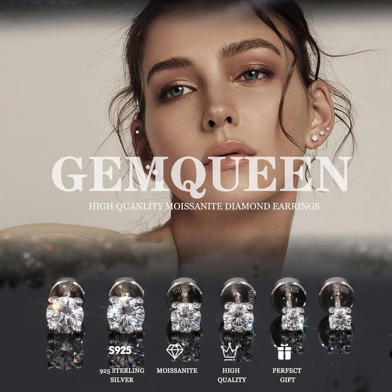 GEMQUEEN 3 Pairs Moissanite Earrings Studs 14K Gold Plated S925 Sterling Silver Flat Back Earring for Women Men - Hypoallergenic Set Cartilage Helix Piercing Jewelry Trendy Thanksgiving Christmas Gifts D Color VVS1 1.8CT - Image 2
